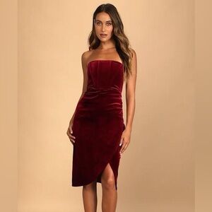 Glamorous Celebrations Wine Red Velvet Strapless Tulip Dress